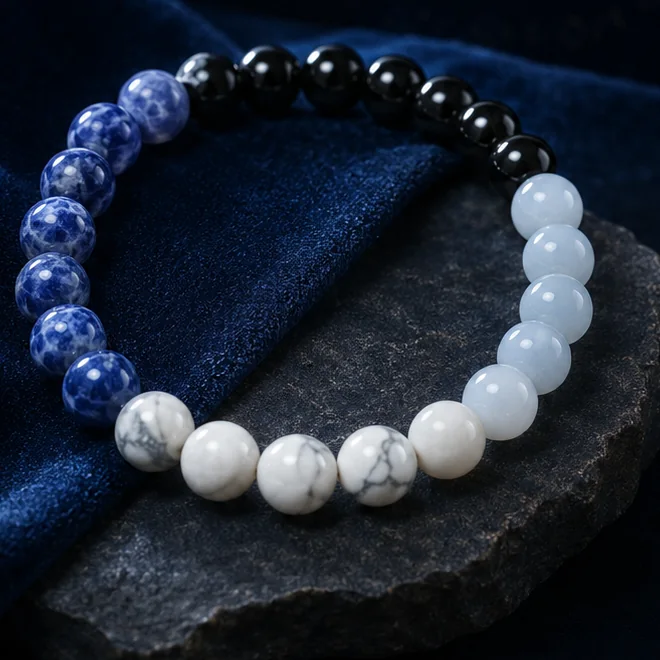 Blue, black and white crystal Evil Eye Protection Bracelet displayed in a hand